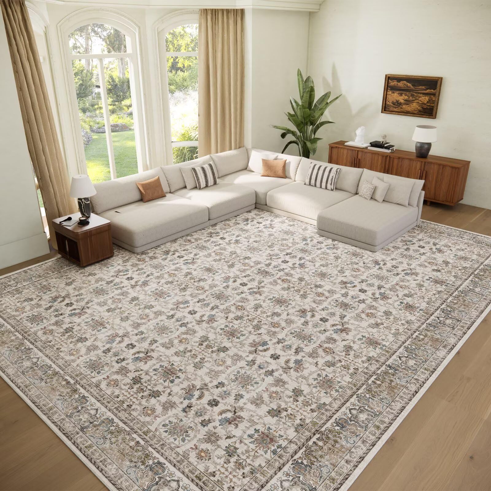 Photo 1 of Washable 10x14 Area Rugs for Living Room, Boho Non-Slip Vintage Distress Large Rugs for Bedroom Dining Room Office, 0.3" Neutral Oriental Throw Thin Carpet, Cream/Blue/Orange/Multi