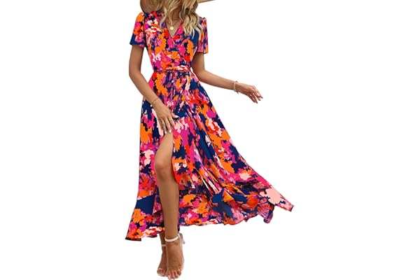 PRETTYGARDEN Women's Boho Floral Maxi Dress Summer Short Sleeve Wrap V Neck Long Flowy Beach Vacation Wedding Guest Dresses