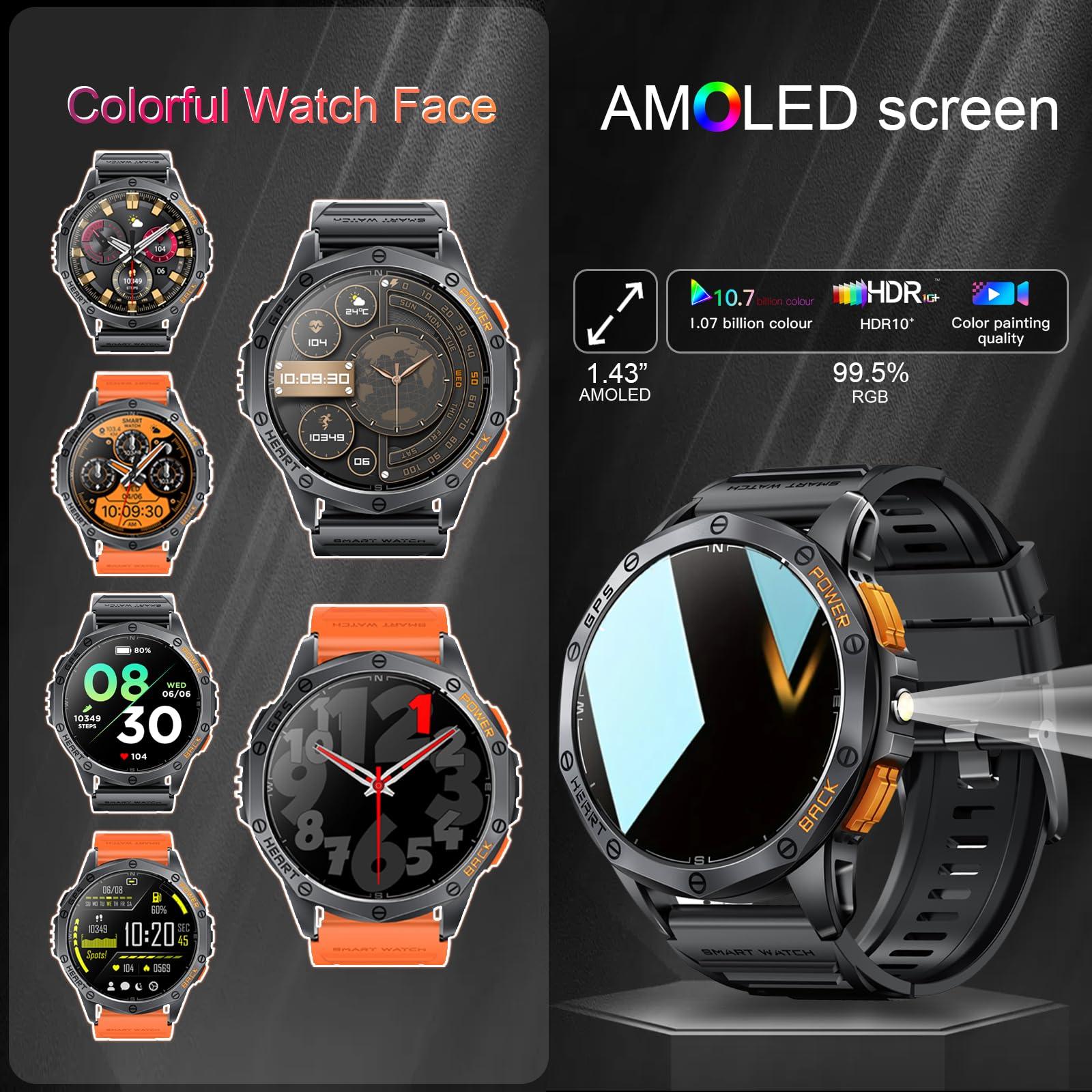 Military Smart Watches Built-in GPS, 170+ Sport Modes for Men with Flashlight, Smartwatch for Android Phones and iPhone, 1.43