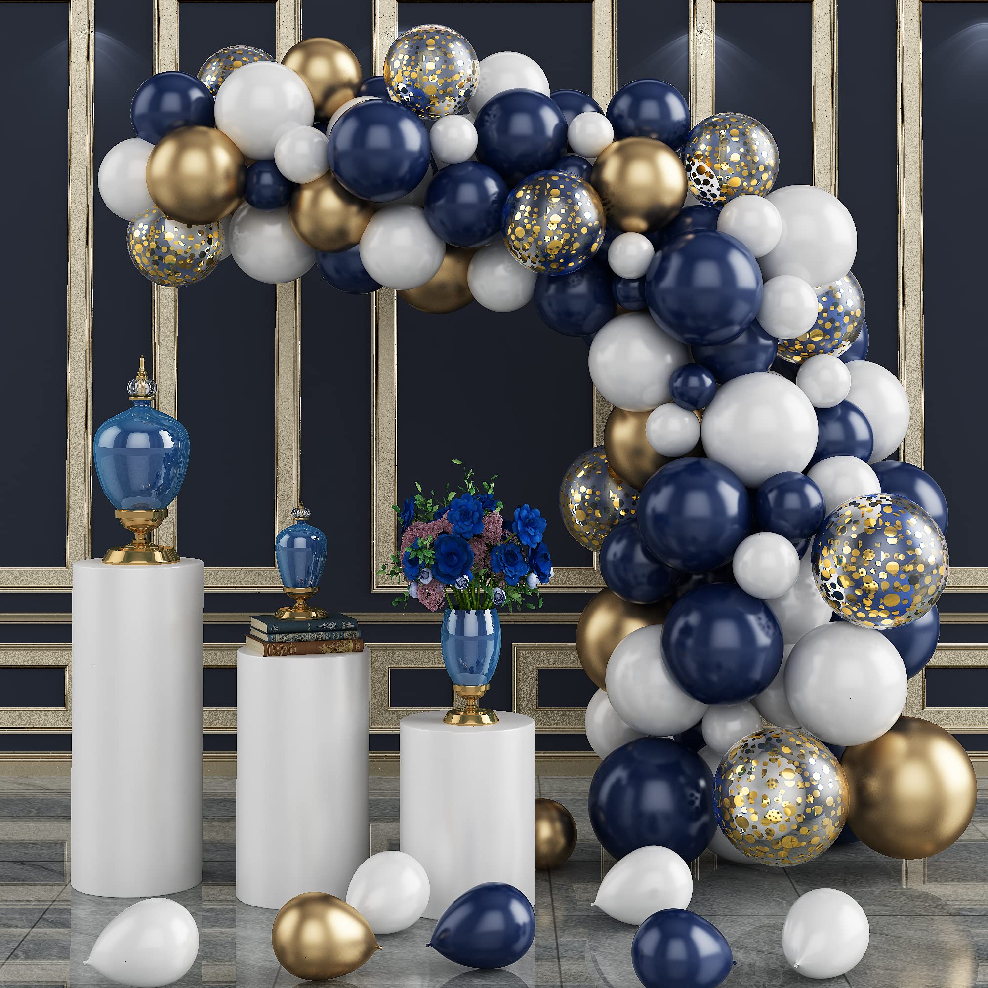GRESAHOM 122 Pcs Balloon Arch Kit, Navy Blue, White, Gold Balloons, Arch Garland Kit with Gold Confetti Balloons, for Birthday, Baby Shower, Wedding, Party Decorations