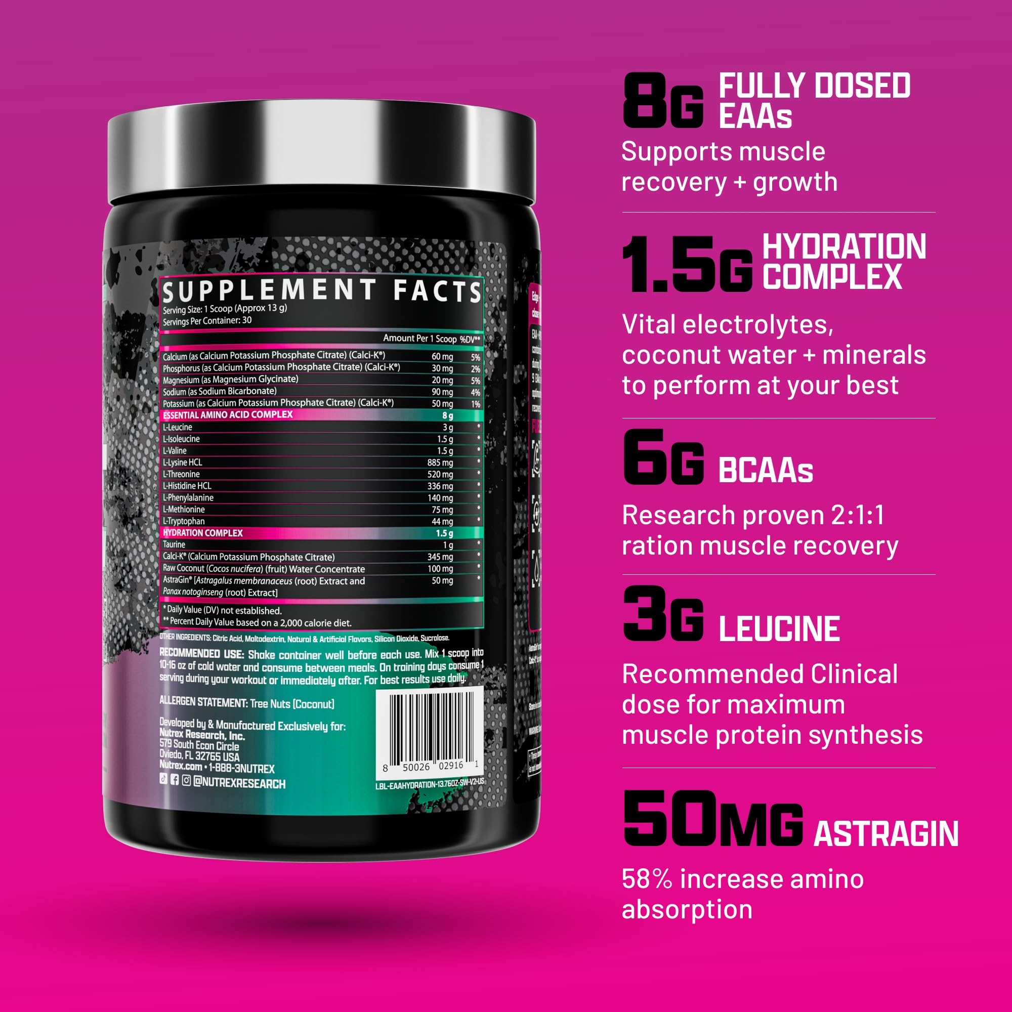 Nutrex Research EAA Hydration | EAAs + BCAA Powder | Muscle Recovery, Strength, Muscle Building, Endurance | 8G Essential Amino Acids + Electrolytes | Strawberry Watermelon 30 Serving