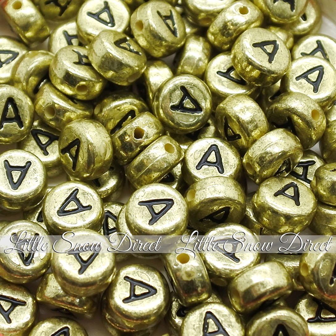 Little Snow Direct 100pcs 7mm Acrylic Letter Coin Beads A - Z Disc Alphabet Beads - A, Vintage Gold