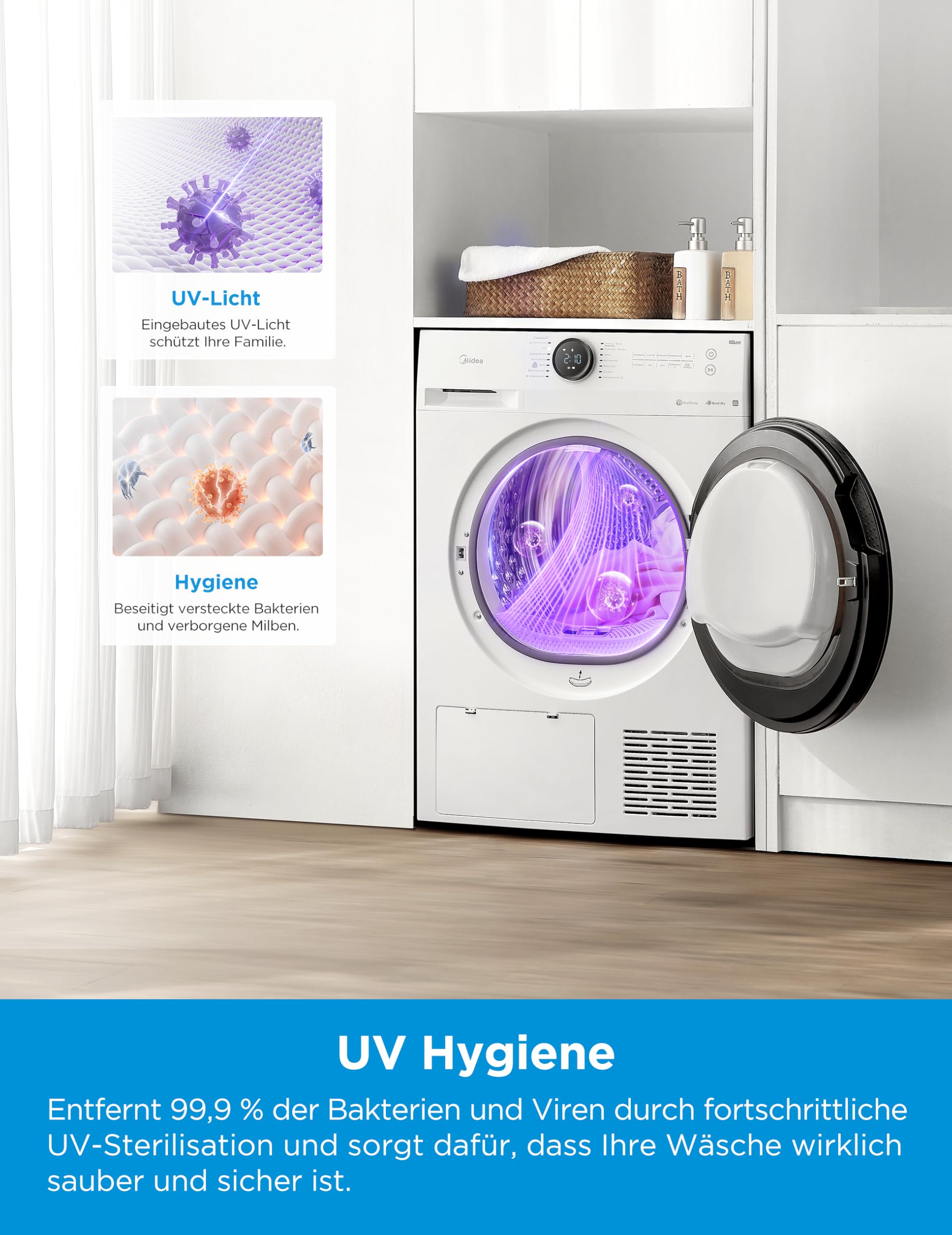 Midea MD20EH80WB-A3 Wärmepumpentrockner, 8 kg, Energieklasse C, UV Hygience, Knitterschutz, Sanfte Pflege, Auto Dry, Wollpflege, Auffrischen, Fernsteuerung, Startzeitvorwahl, Weiß [Energieklasse C] 7