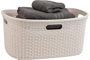Mind Reader 40L Laundry Basket, Clothes Hamper, Lid, Wicker Design, Plastic, 23"L x 14.25"W x 11"H, Ivory