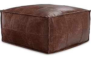 SIMPLIHOME Sheffield Boho Square Pouf in Distressed Brown Leather for the Living Room, Bedroom and Kids Room