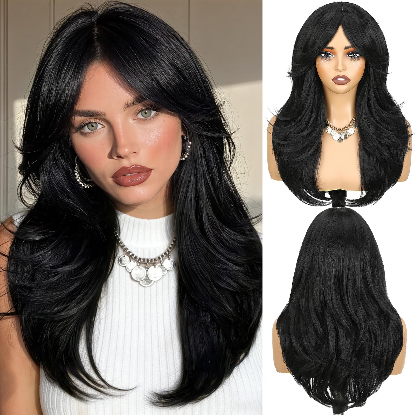 Photo 1 of WIGER Black Layered Wavy Wig with Bangs Middle Part Glueless Curtain Bangs Wigs Synthetic Heat Resistant Wig for Women Daily Party Use 22 Inch