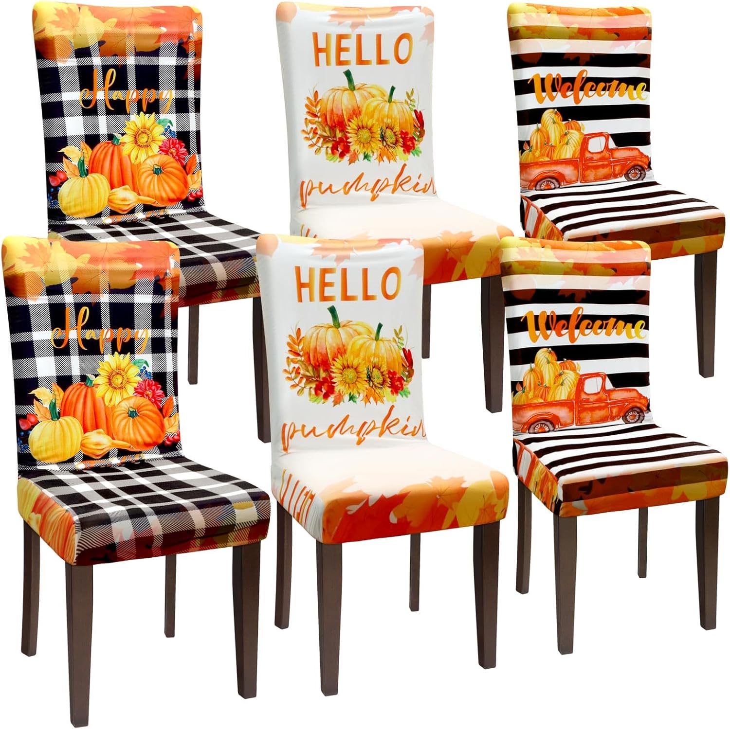 Slipcovers - Preboun Fall Chair Covers Set of 6 Thanksgiving Dining Protector Stretch Autumn Pumpkin Truck Maple Leaves Slipcovers Removable Washable for Dining Hotel Party Wedding