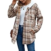 Merryfun Womens Plaid Shacket Jacket Sherpa Lined Flannel Jackets Oversized Button Up Fleece Hooded Warm Coat