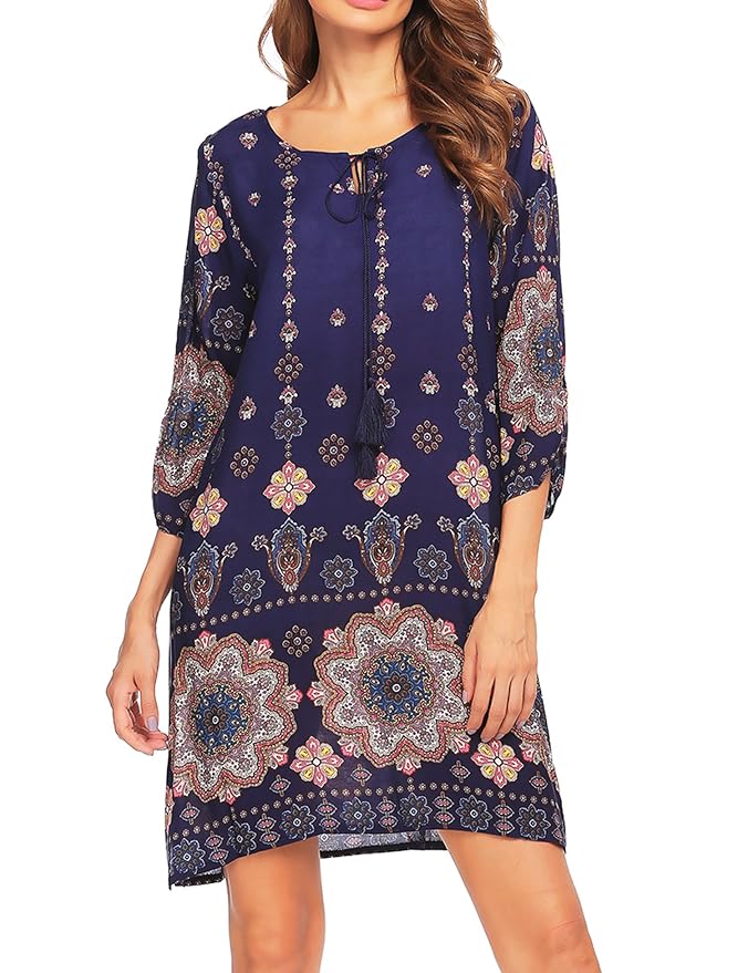 Beyove Damen Bohemian Tunika Strandkleid Minikleid Vintage Strandtunika Herbst A-Linie Kleid