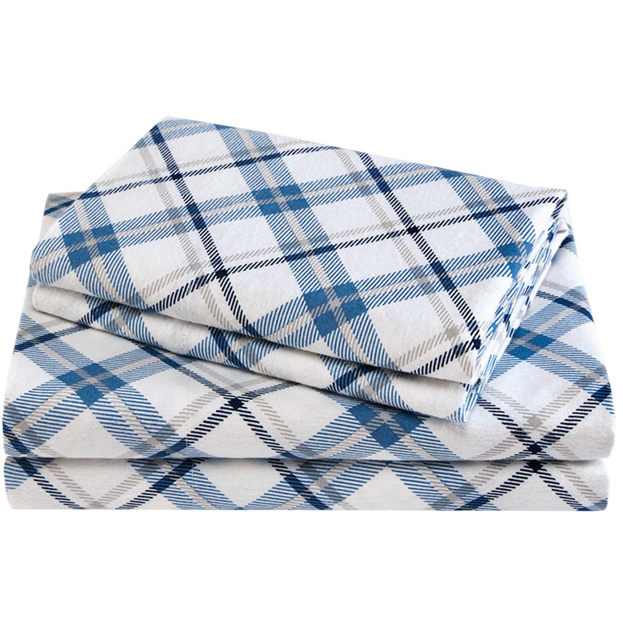 Comfort Spaces Cotton Flannel Breathable Warm Deep Pocket Sheets With Pillow Case Bedding, Twin, Plaid Blue, 3 Piece