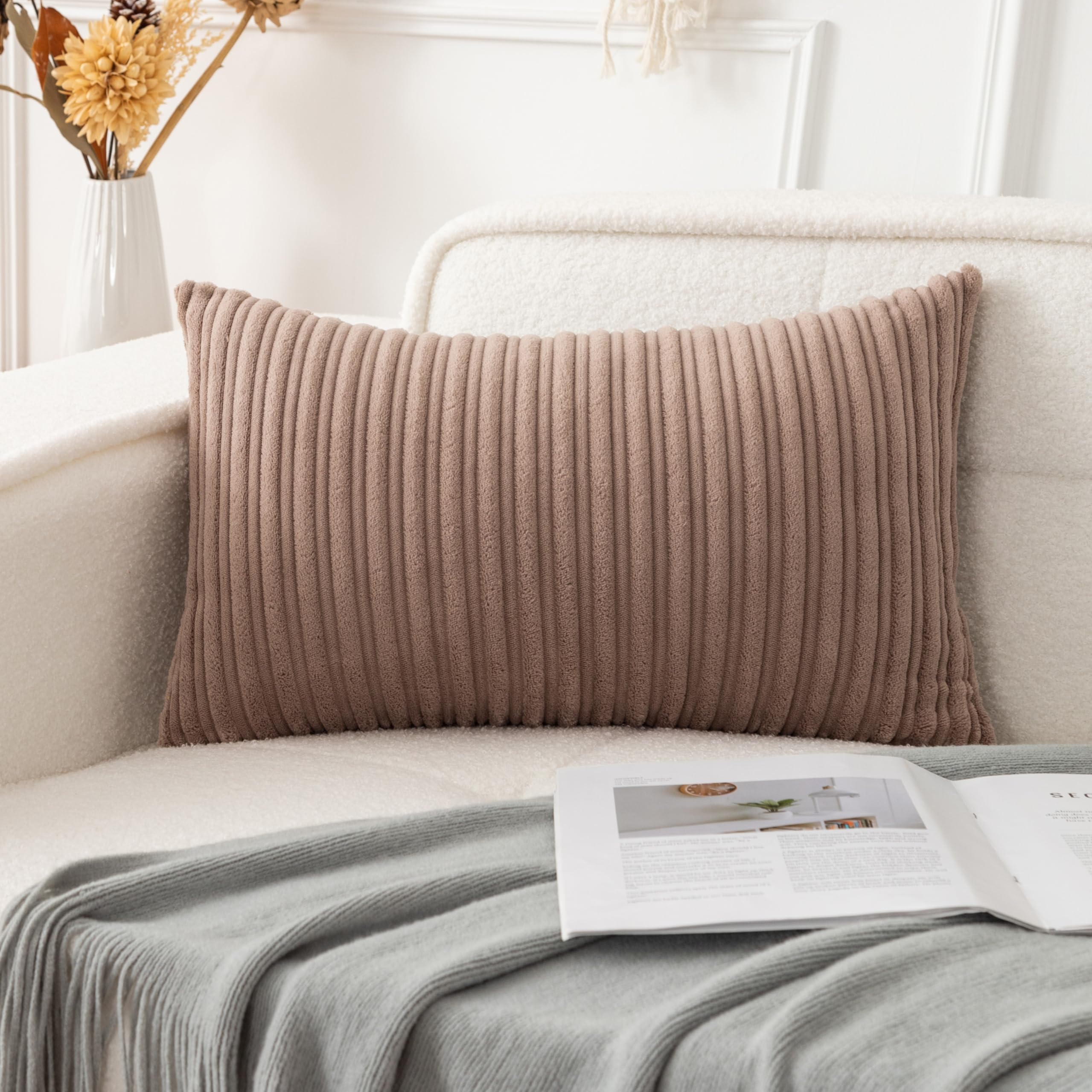 Photo 1 of UGASA Soft Velvet Stripe Decorative Lumbar Pillow Cover 1 Pack Solid Corduroy Textured Euro Oblong Cushion Case for Couch Bedroom Sofa Farmhouse, 12x20 Inch, Light Brown