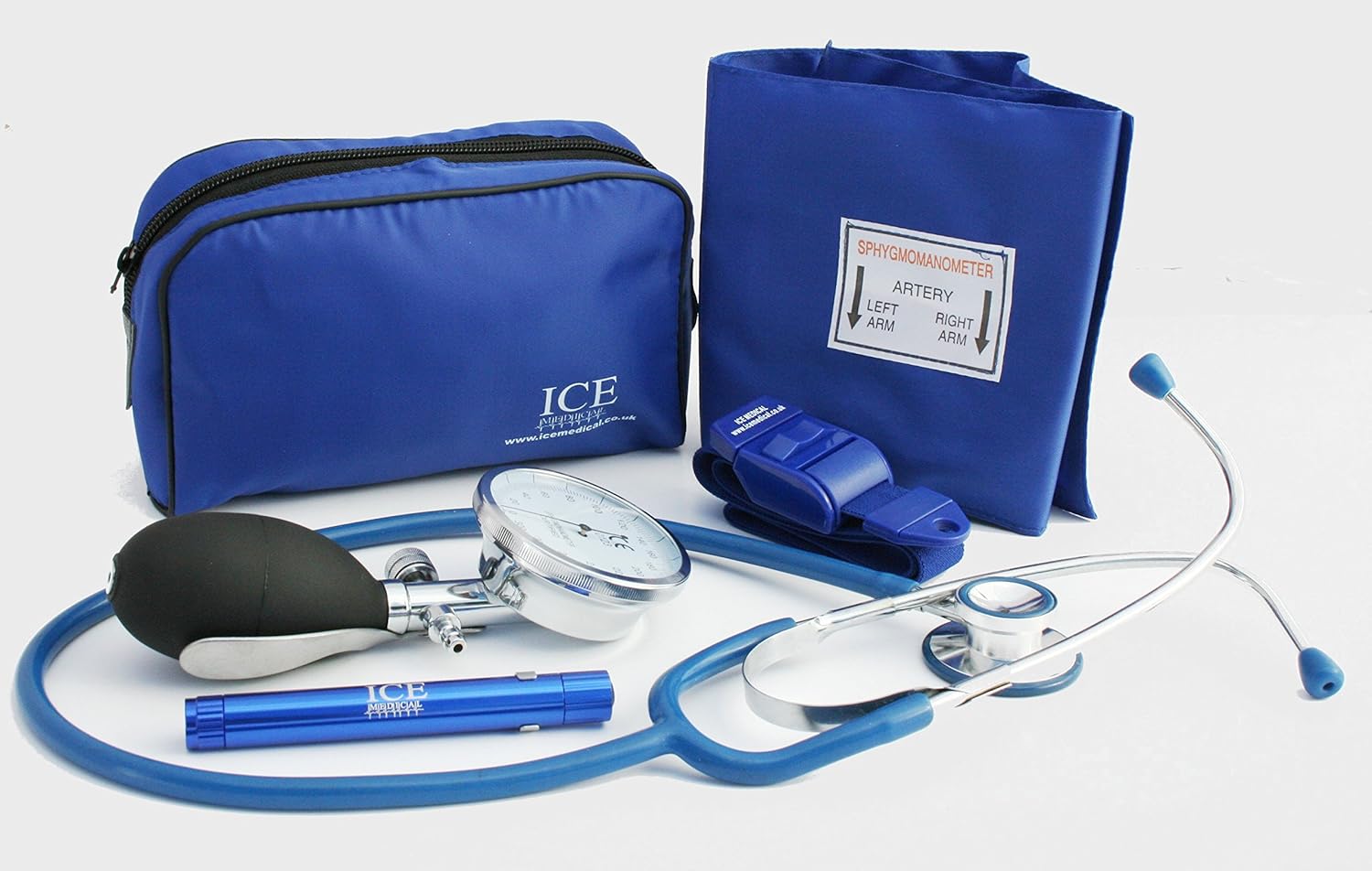 Blue Aneroid Blood Pressure Sphygmomanometer Monitor, Stethoscope, Pen