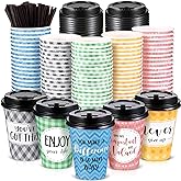Gerrii 100 Pack Disposable Coffee Cups with Lids and Straws, Motivational Paper Hot Cups with 6 Quotes and Designs for Water, Juice, Coffee, Tea, Home, Shop Cafe (16 Oz,Fresh Style)