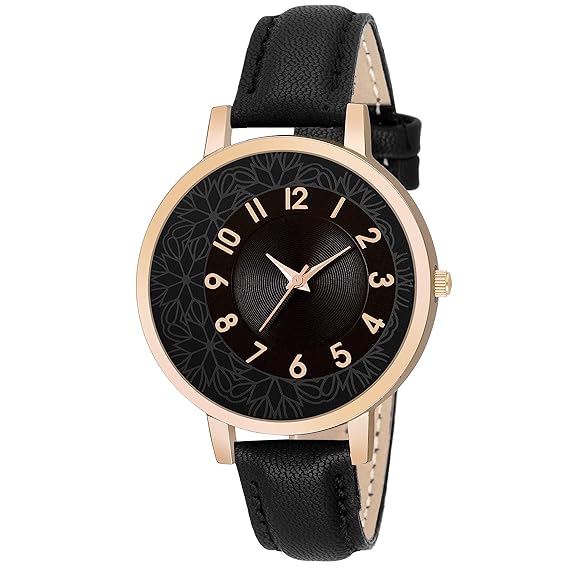 VeBNoR Analogue Designer Round Black Dial Black Leather Strap Belt Ladies Wrist Watch for Girls and Women Stylish Latest -327