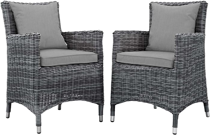 Amazon Com Modway Summon Wicker Rattan Aluminum Outdoor Patio Two Dining Arm Chairs With Sunbrella Fabric Cushions In Canvas Gray Garden Outdoor