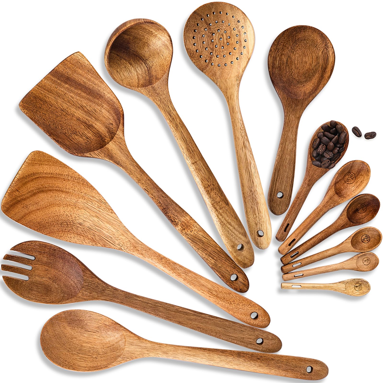 Wooden Spoons Cooking Utensils Set of 13- Acacia Wood Kitchen Tools Includes Wooden Spoons, Spatula, Soup Ladle, Measuring Spoons Set for Kitchen Use, Nonstick Wooden Utensils for Cooking