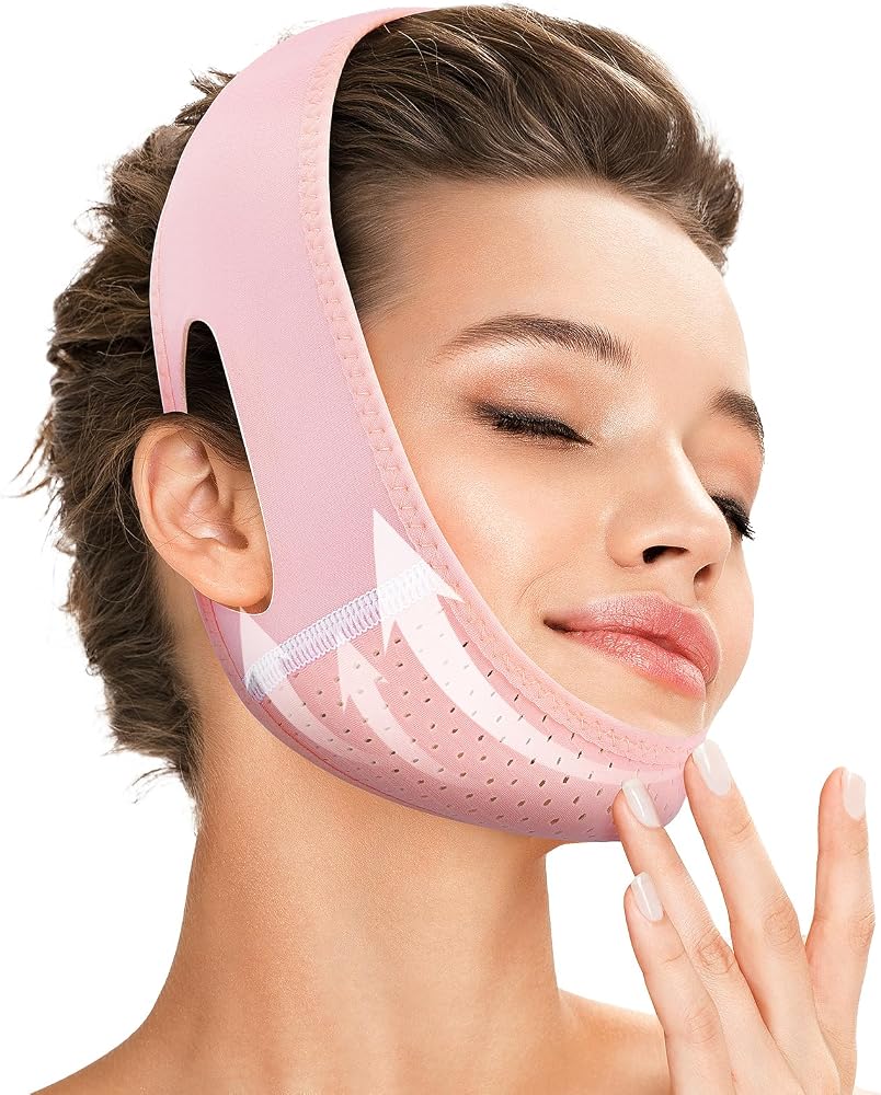 Juskaa Reusable V Line Lifting Mask with Chin Strap for Sleeping,Face Lift Prevent Sagging, Jaw Exerciser,pink,M