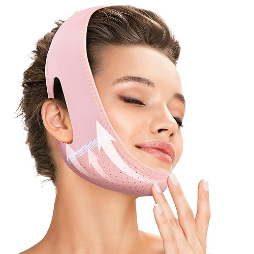 Juskaa Reusable V Line Lifting Mask with Chin Strap for Sleeping,Face Lift Prevent Sagging, Jaw Exerciser,Pink,M