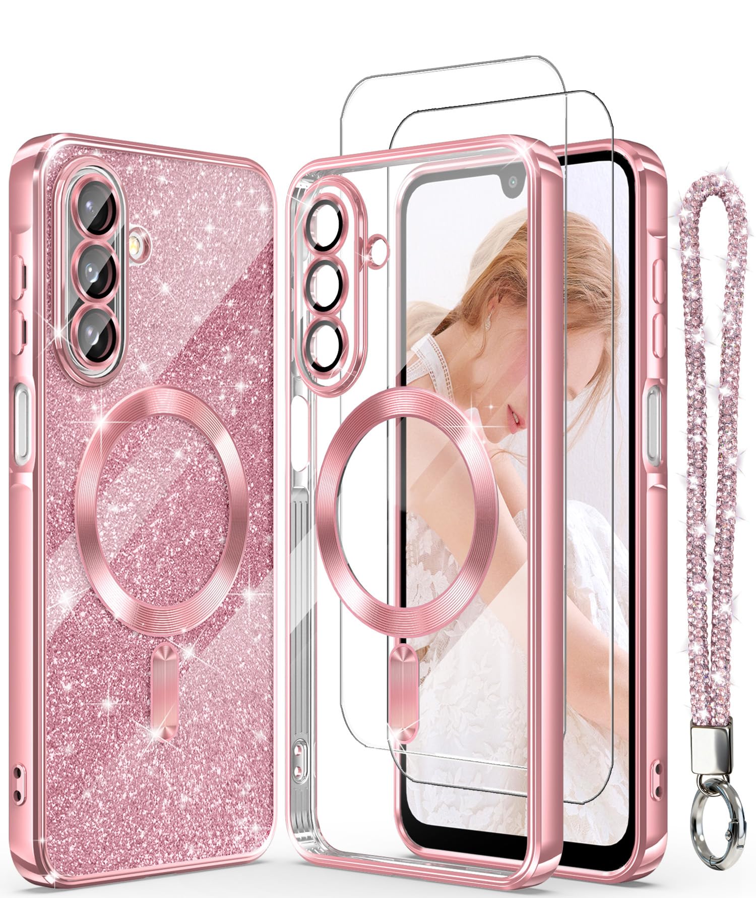 DagoRoo Magnetic for Samsung Galaxy A17 5G Case +2X Screen Protectors,Luxury Plated Gold Edge [Glitter Card&Wrist Strap] Slim Soft Crystal Clear TPU Shockproof Case Cover for Galaxy A17 5G-Pink