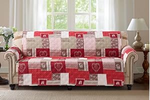 Brilliant Sunshine Burgundy Heart Love Patchwork Couch Cover, Quilted Loveseat Slipcover, 54" Seat Width, Slip Resistant Furniture Protector, 2" Strap, Washable Couch Cover for Kids, Dogs, Burgundy