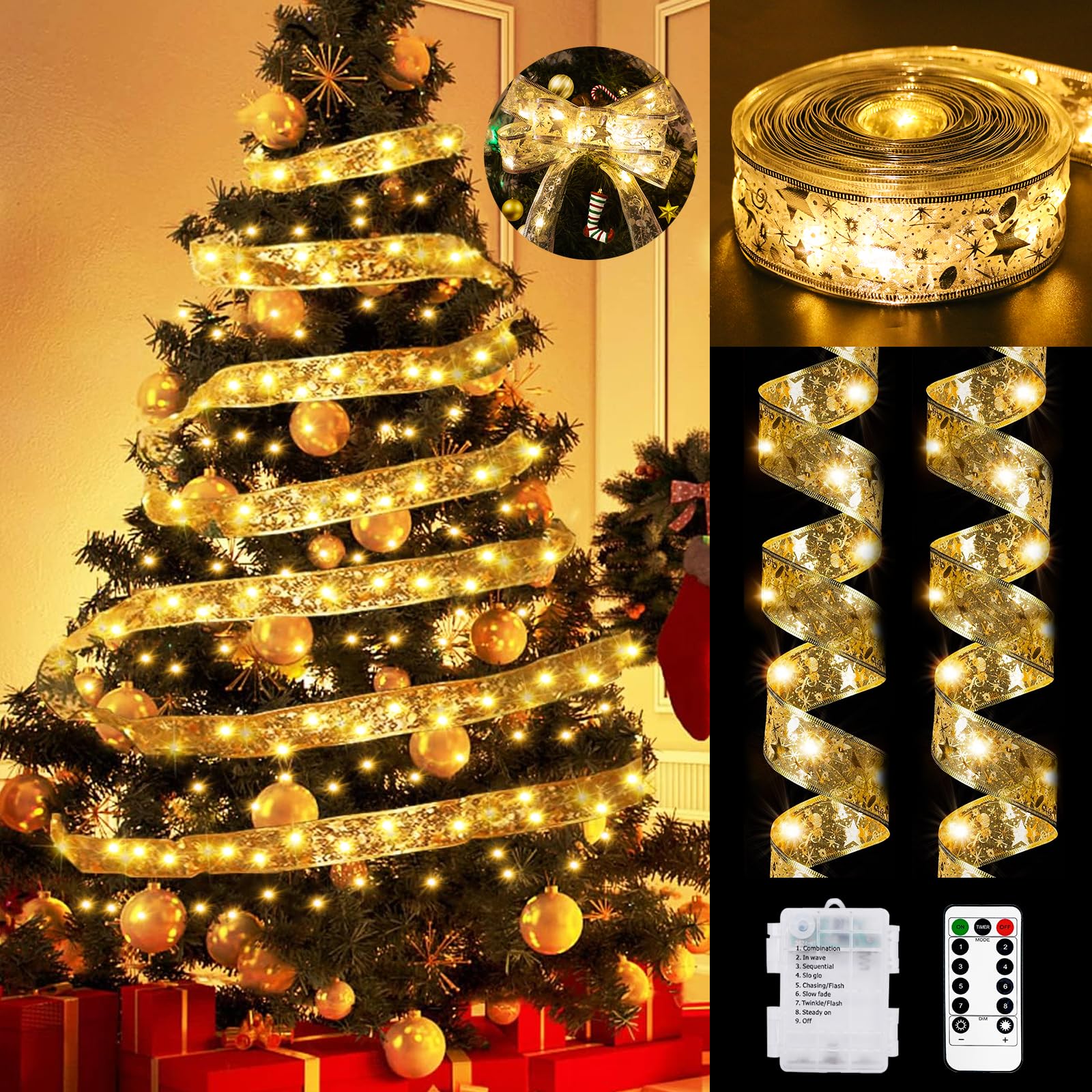 btfarm 12M/39ft 120 LED Christmas Tree Ribbon Lights with Remote, Christmas Tree Lights 8 Modes, Waterproof Curtain Lights Hanging Fairy Lights for Christmas Tree Decoration Bedroom, Ribbon Warm White
