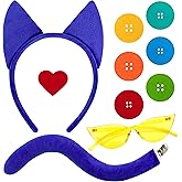 Horolam 11PCS Blue Cat Costume Accessories, Blue Cat Accessories with Headband Tail and Clip Heart Button Stickers Yellow Glasses for Book Day Dress Up