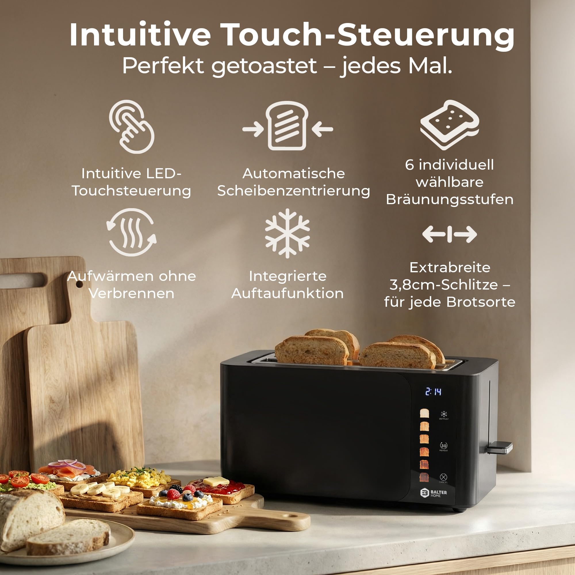 Balter Toaster 4 Scheiben, Touch Bedienung, Langschlitz, Edelstahl, Brötchenaufsatz, LCD Display Langschlitztoaster, Auftaufunktion, Brotzentrierung, TS-44 Schwarz matt 2