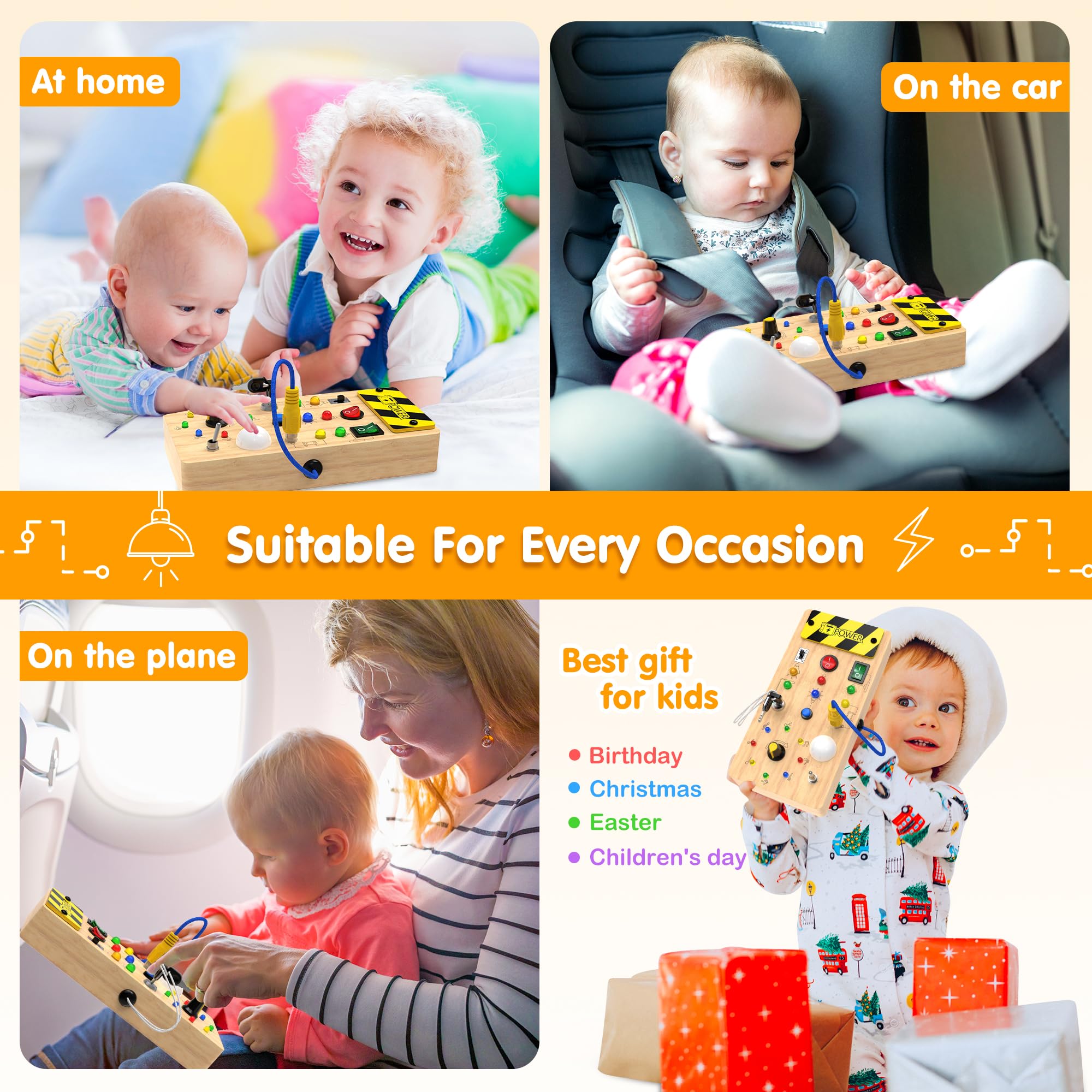 JGOBUB Montessori Toddler Toys-Baby Wooden Busy Board-Sensory Toys with Light Switch-Baby Travel Preschool Educational Learning Activities Toys-Gifts for Boys Girls Ages 1 2 3 4+ Year Old