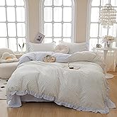 MOTNTD Floral Duvet Cover Queen Size Blue Ruffle Boho Queen Comforter Cover Light Weight Cotton Cute Cozy Duvet Cover Set with 2 Pillow Cases Striped Queen Size Bedding Aesthetic Duvet Protector