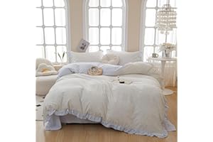 MOTNTD Floral Duvet Cover Queen Size Blue Ruffle Boho Queen Comforter Cover Light Weight Cotton Cute Cozy Duvet Cover Set with 2 Pillow Cases Striped Queen Size Bedding Aesthetic Duvet Protector