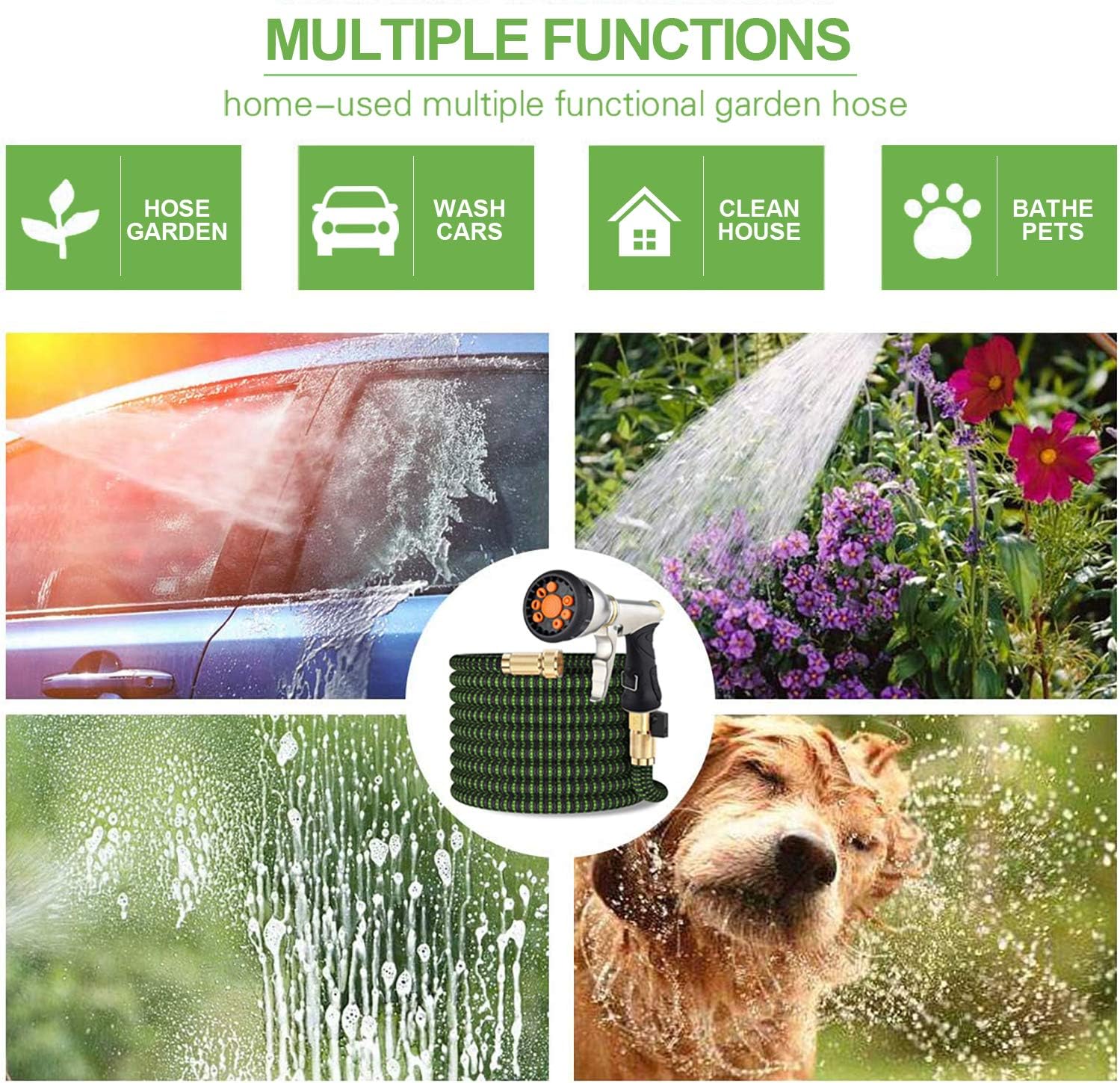 Upgraded Expandable Garden Hose 50 FT 100FT Retractable Water Hose with 4-Layers Flex Strong Latex, 3/4" Solid Brass Connectors and 9-Way High Pressure Hose Nozzle for Lawn, Patio, Garden : Garden & Outdoor