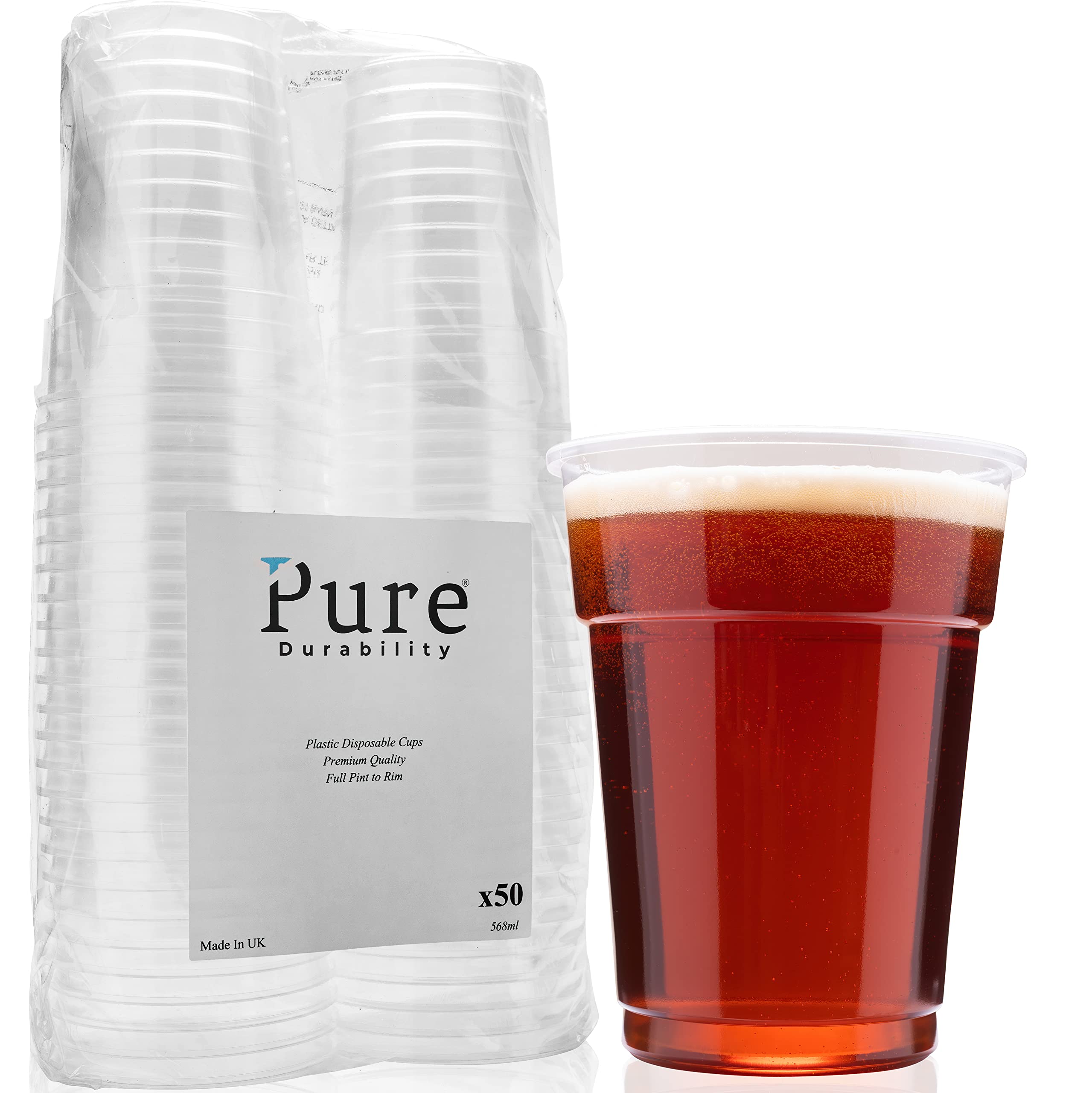 Pure Durability Plastic Pint Glasses 50 Pack Strong Disposable Beer Cups 568ml