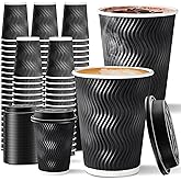 Sipthene 100 Pack 12 oz Disposable Coffee Cups with Lids, To Go Insulated Ripple Wall Paper Coffee Cups for Coffee, Hot Chocolate, Cocoa and Hot/Cold Beverages – Black