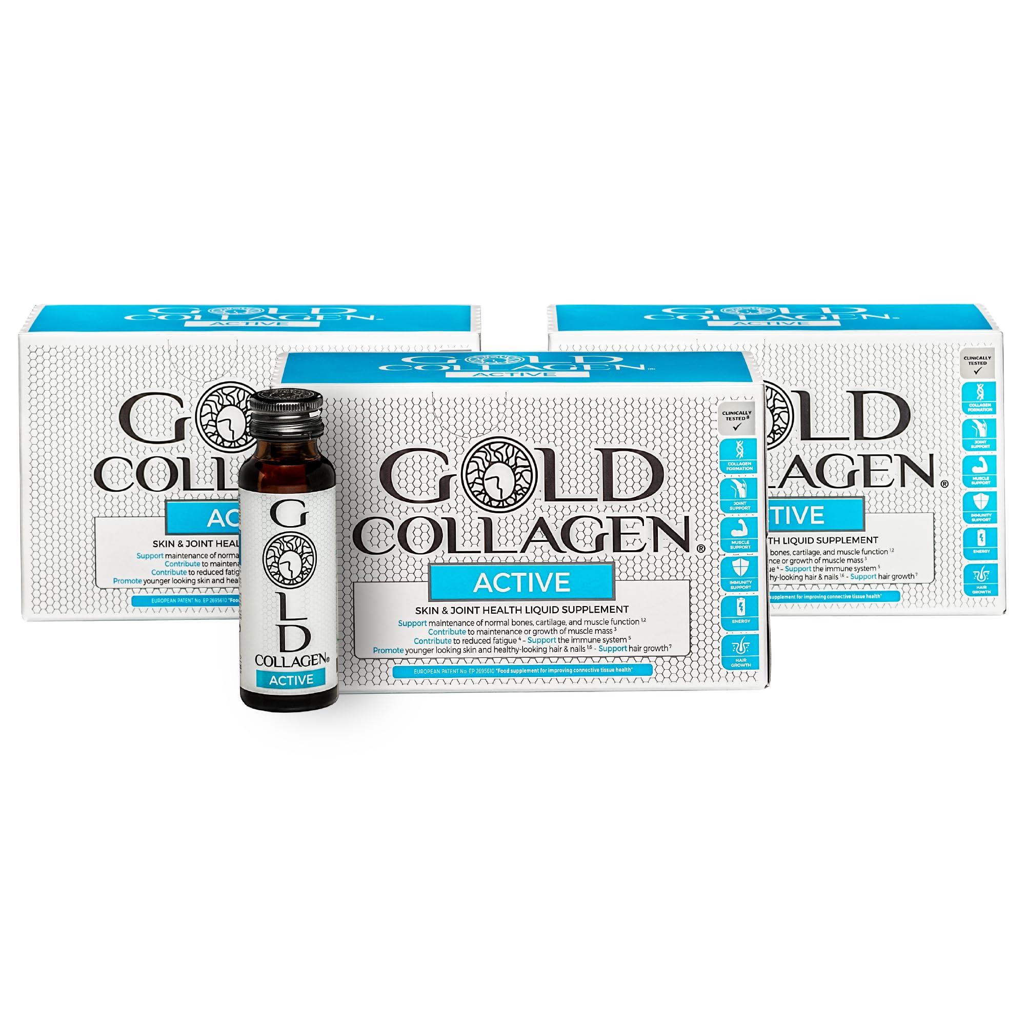 GOLD COLLAGEN Active - Collagen Supplements for Women & Men with Vitamin C and Glucosamine - Hyaluronic Acid and Bovine Collagen for Joints, Supplement for Hair, Bones and Skin, 30 Bottles 50 ml Each