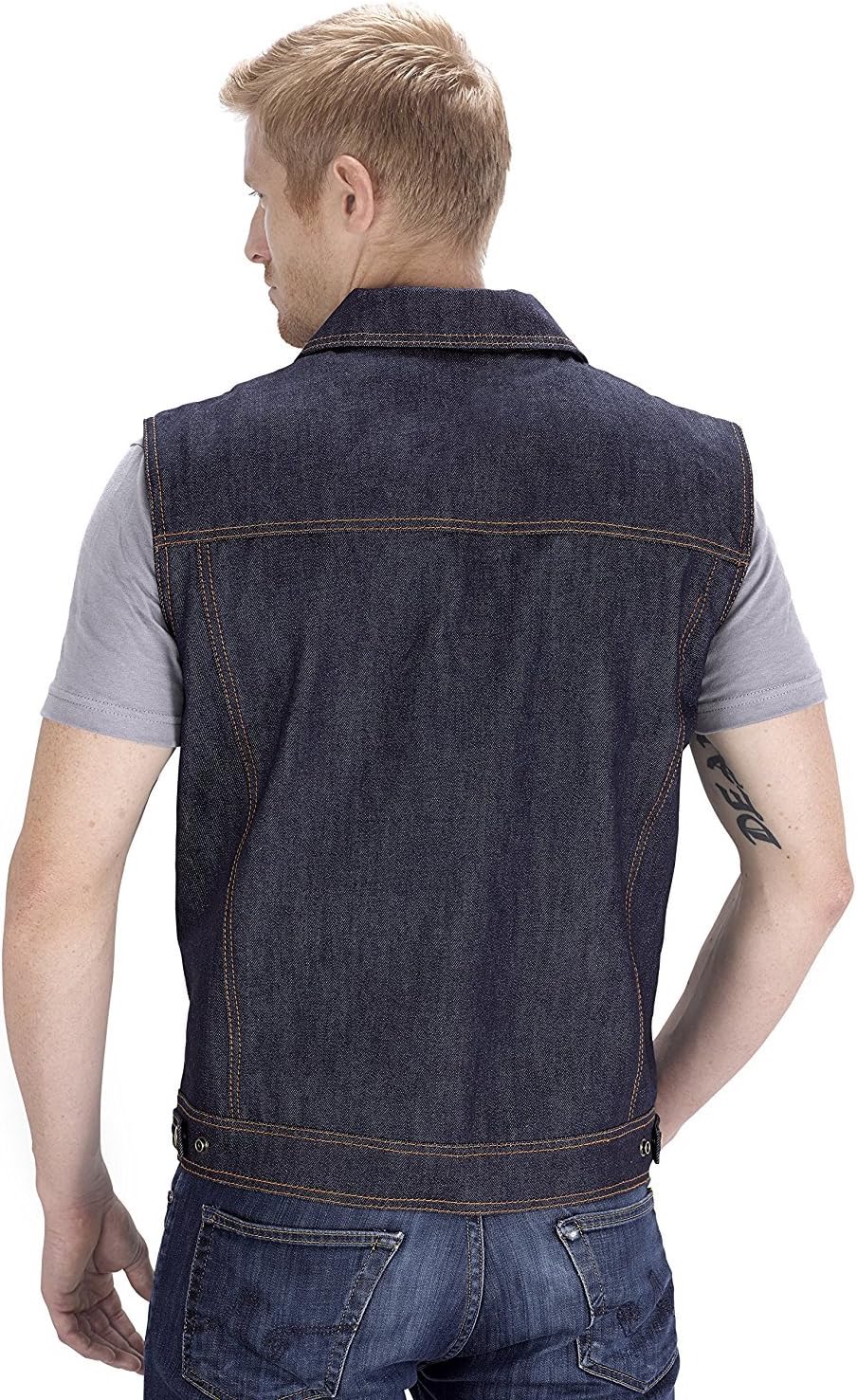 blue denim motorcycle vest
