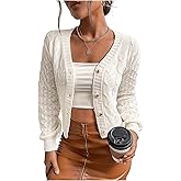 OYOANGLE Women's Cable Knit Cropped Cardigan V Neck Button Down Long Sleeve Sweater Outerwear