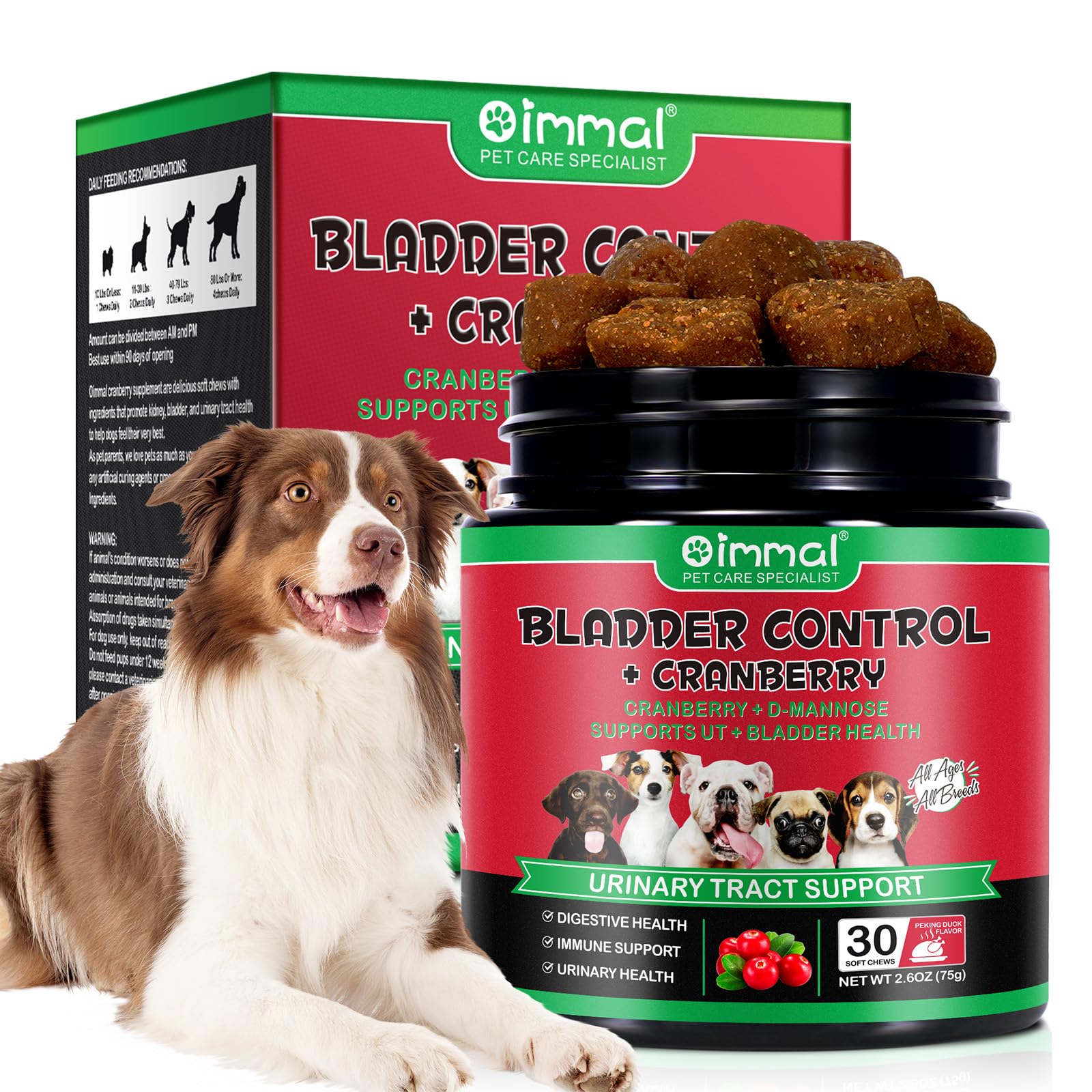 Bladder & Kidney Support for Dogs, Urinary Tract treatment and Bladder Control Supplement, Soft Chews with Cranberry and D-Mannose, Natural Immune System Booster - Peking Duck Flavor (30Pcs)