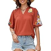 Women's Boho Floral Embroidered Blouse Casual V-Neck Puff Short Sleeve Loose Tunic Top for Summer Shirt Trendy 2026