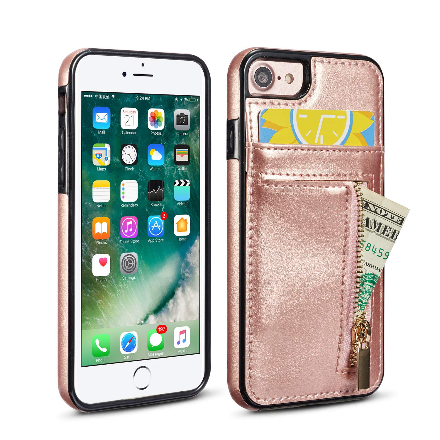 ZTOFERA Back Case For iPhone 6 Plus/6S Plus, Premium PU Leather Zipper Wallet Case With Card Holders Slots Protective Bumper TPU Back Case Cover For iPhone 6 Plus/iPhone 6S Plus - Rose Gold
