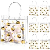 Paterr 20 Pcs Bee Clear Plastic Gift Bags with Handles Bee Party Goodie Treat Bags for Birthday Party Favor Candy Snack Sweet as Can Gender Reveal Decor, 8 x 8 x 3.15 Inch