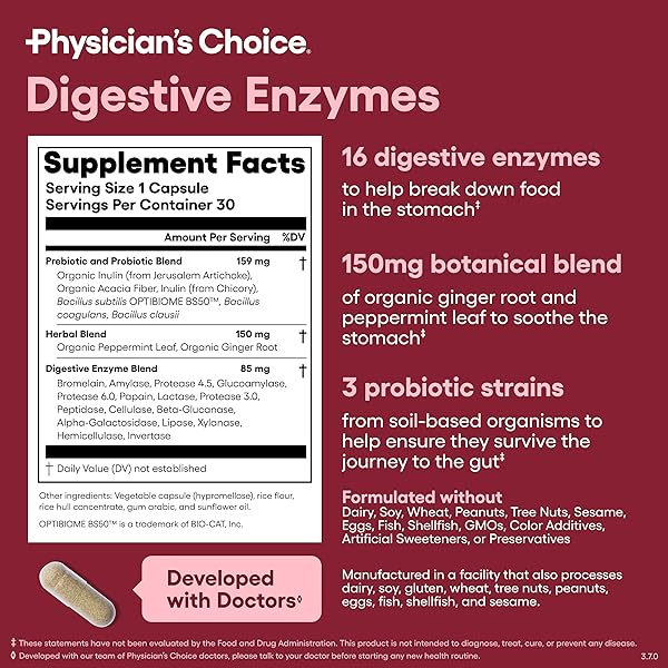 PHYSICIAN’S CHOICE DIGESTIVE ENZYMES – MULTI ENZYMES, BROMELAIN, ORGANIC PREBIOTICS & PROBIOTICS FOR DIGESTIVE HEALTH & GUT HEALTH – BLOATING & MEAL TIME DISCOMFORT – DUAL ACTION – ALL DIETS – 30 CT