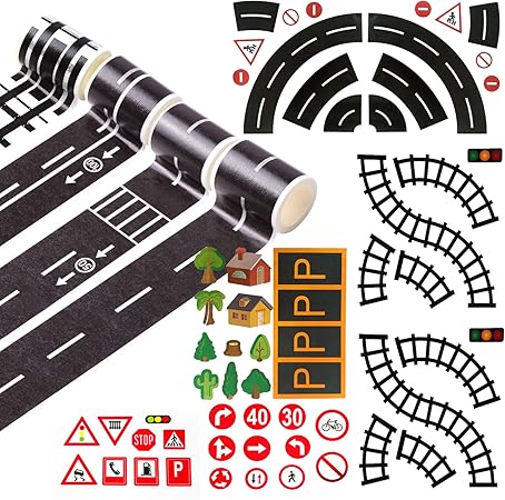 Amazon Augoog マスキング テープ 道路柄 線路 滑走路 4巻入 自分で道をつくれる おもちゃ 遊び インテリア ミニカー遊び シール 鉄道雑貨 おもちゃ
