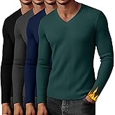 Neer 4 Pack Men's Thermal Cotton Long Sleeve Shirts Ribbed V Neck Tops Fall Winter Stretchy Slim Undershirt Base Layer