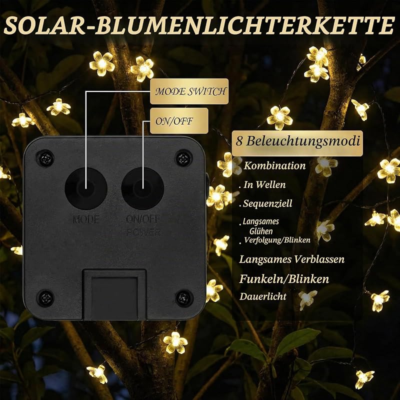 Lichterkette Außen Solar, 11M solar lichterkette außen Blume 60 LED Wasserdicht 8 Modes mit Speicherfunktion LED Blühen Blumefür Garten Terrasse Balkon Party Hochzeit Patio Dekoration