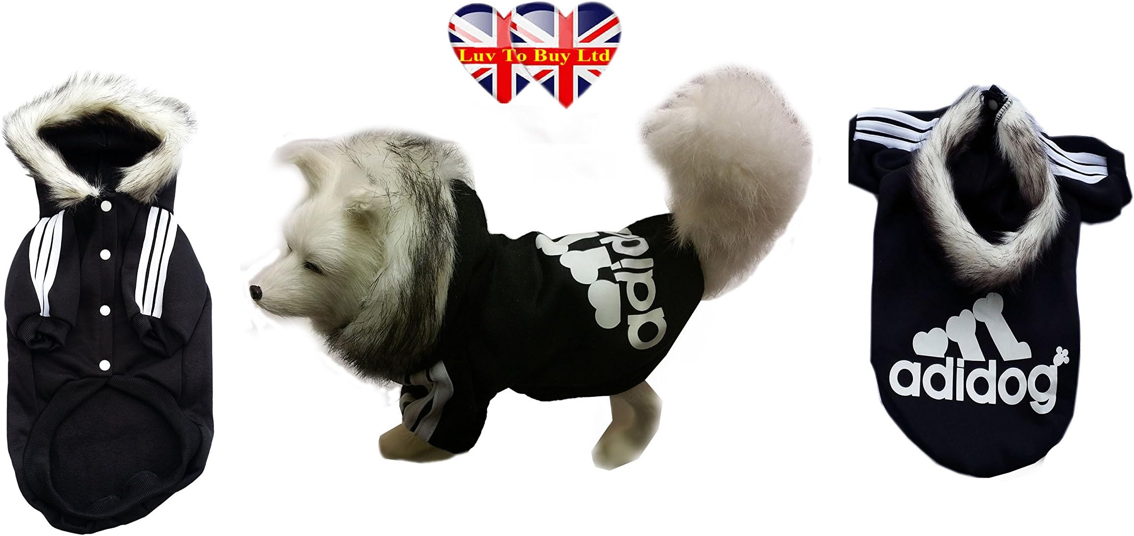 Adidog With Faux Fur Lined Hood, Button Up Hoodie For Dogs, Various Sizes From S to 8XL (BLACK, S)