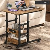 Mobile C Shaped End Table with Charging Station, Adjustable Couch Desk | 25.2"-31.8" Height Adjust, 2 AC 3 USB Power Strips, 4 Lockable Casters, 0.59" Round Edge Top, 2.75" Base Gap, Rustic Brown