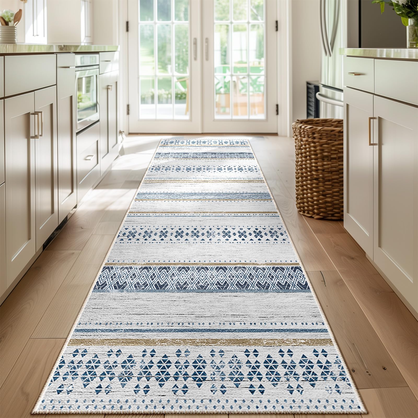 Photo 1 of BESTSWEETIE 2x8 Area Rugs for Living Room Washable Moroccan Farmhouse Neutral Geometric Low Pile Non-Slip Soft Print Pattern Rug for Bedroom Kitchen Dining Room Entryway Blue/Brown