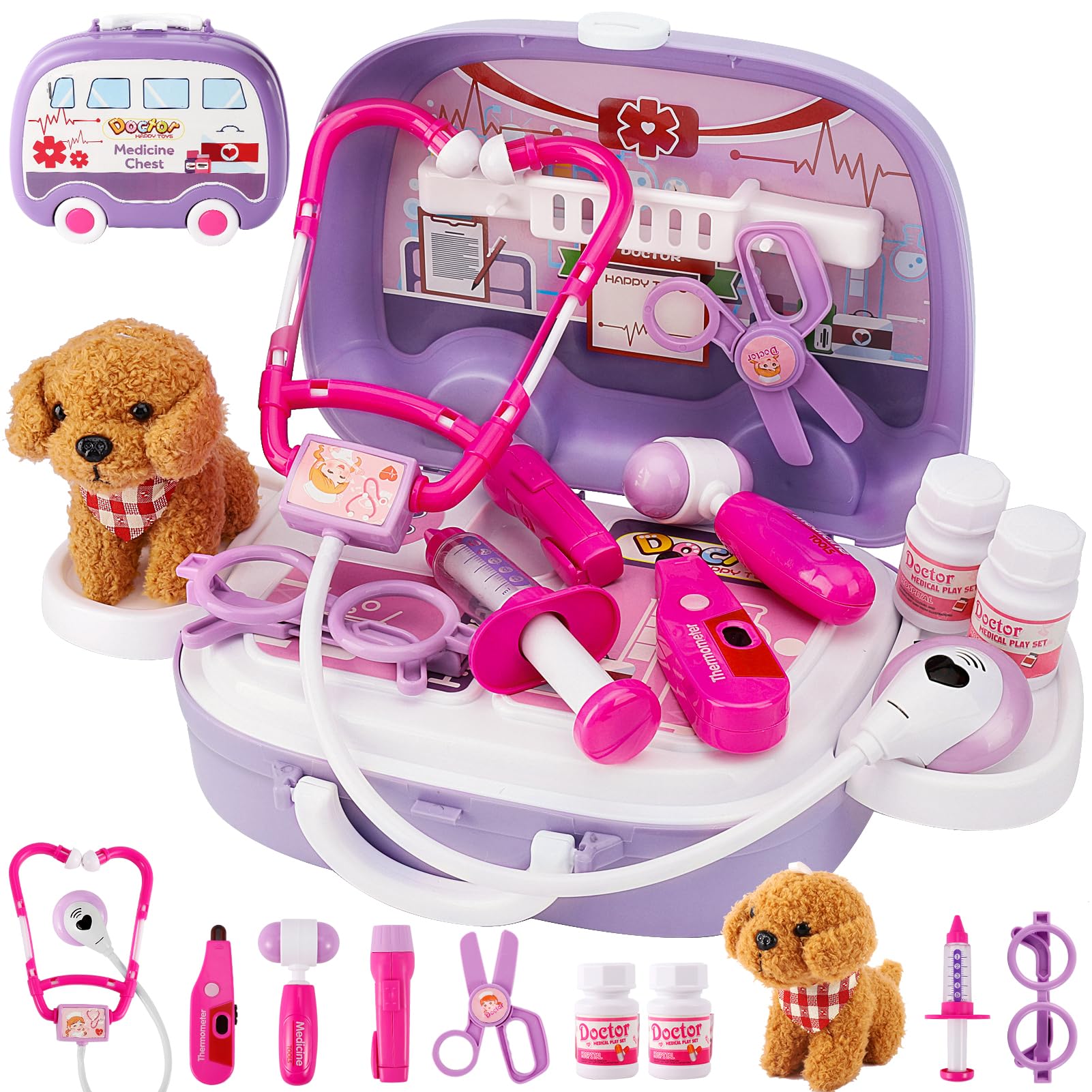 HYAKIDS Doctors Set for Kids Age 3, Vet Toys for Kids, with Medical Suitcase and Puppy Dog, Doctor Role Play Toy Gifts for Girls Boys