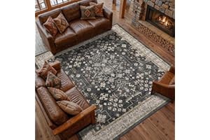 Boho Black Square 8x8 Rug for Living Room - Vintage Washable Large Carpet for Dining Room, Low Pile Non-Slip Rugs for Bedroom