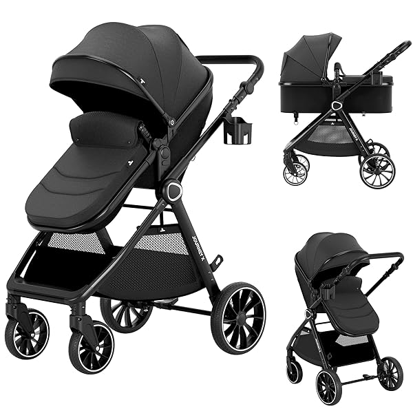 ACCOMBE BABY STROLLER, 2 IN 1 NEWBORN STROLLER CONVERTIBLE BASSINET FOR INFANT TODDLER PRAM WITH FOOTMUFF (BLACK)